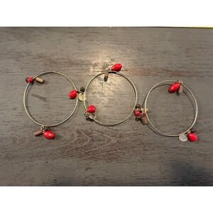 Vintage Gold Tone Bangle Bracelet Set Red Beads Wood Charms Boho 3 Piece Stack